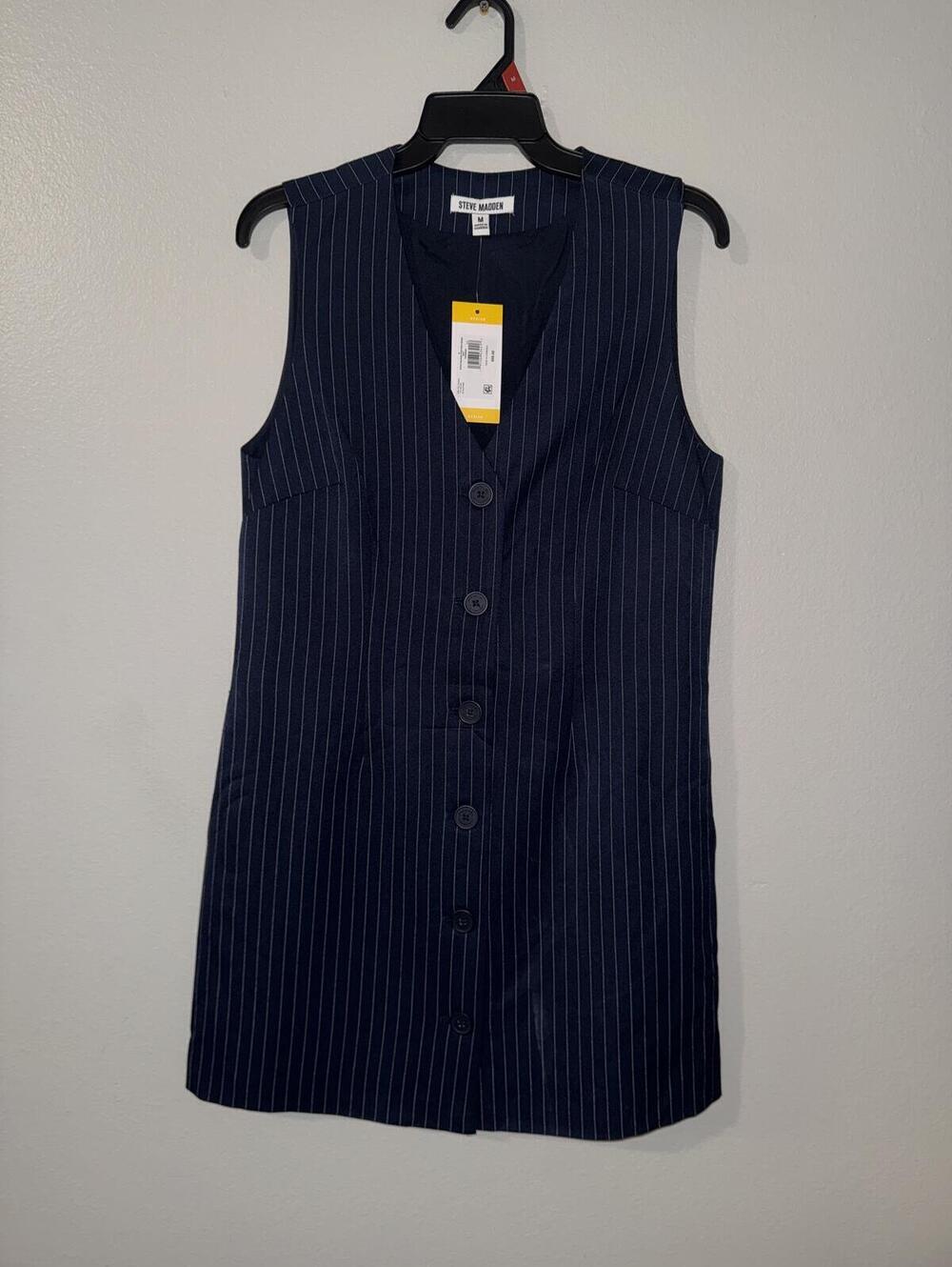 Steve Madden NWT Navy Blue Pinstripe Button-Front Sleeveless Dress | Large